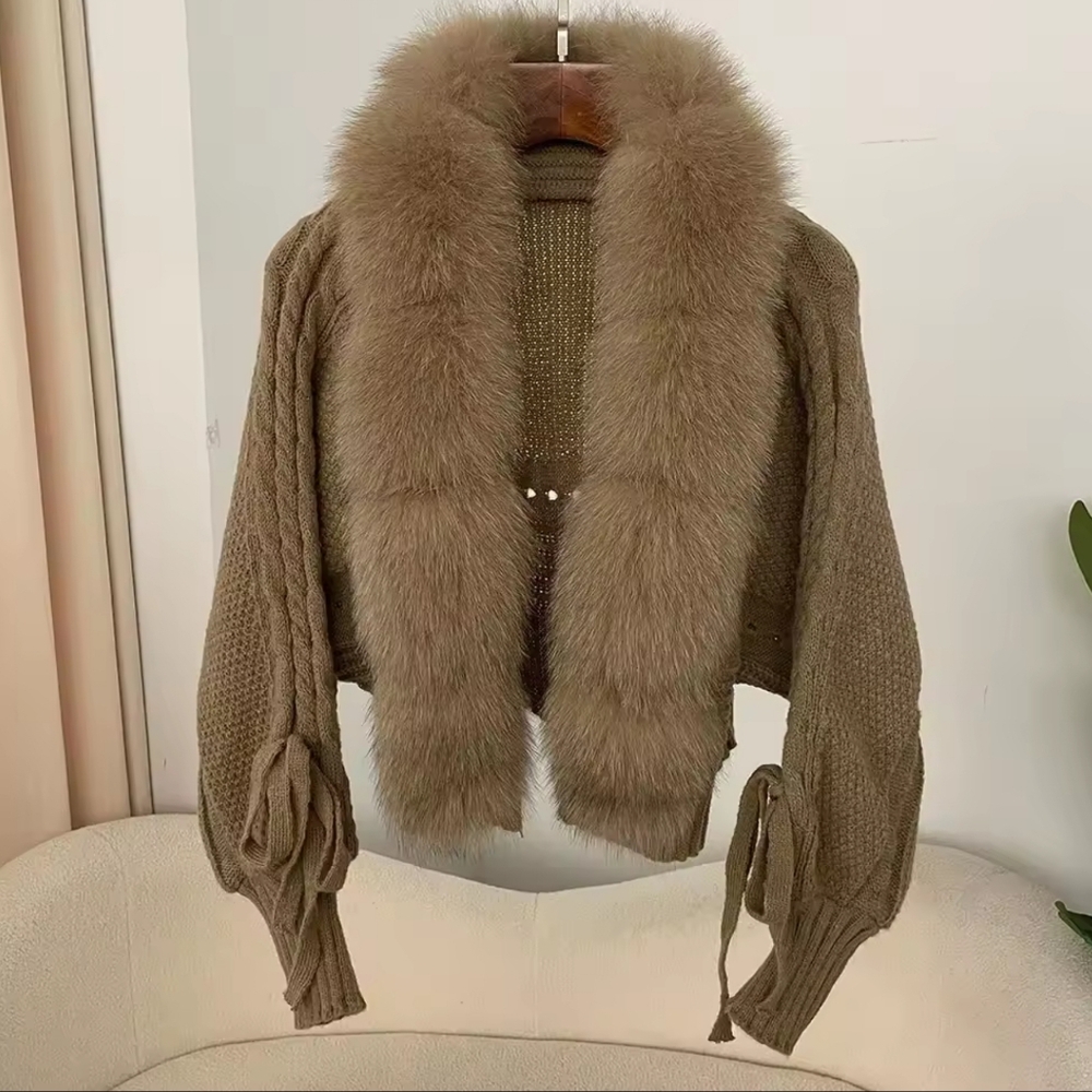 Fashion Knitting Cardigan Placket Coat Women Casual Real Fox Fur - Picture 3 of 6